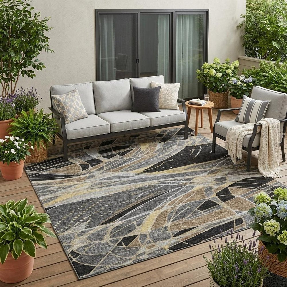 5' X 8' Black And Graphite Abstract Washable Indoor Outdoor Area Rug — view 5