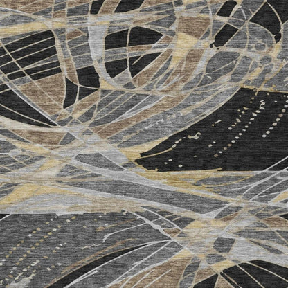 5' X 8' Black And Graphite Abstract Washable Indoor Outdoor Area Rug