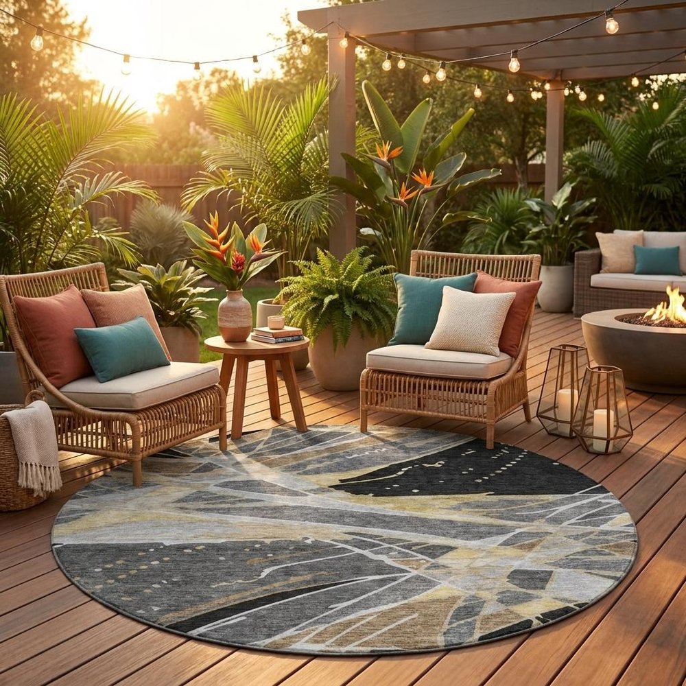 8' Black And Graphite Round Abstract Washable Indoor Outdoor Area Rug HomeRoots