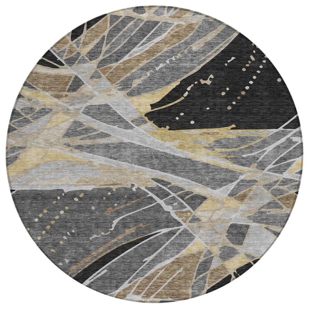 8' Black And Graphite Round Abstract Washable Indoor Outdoor Area Rug — view 1