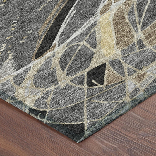8' Black And Graphite Round Abstract Washable Indoor Outdoor Area Rug