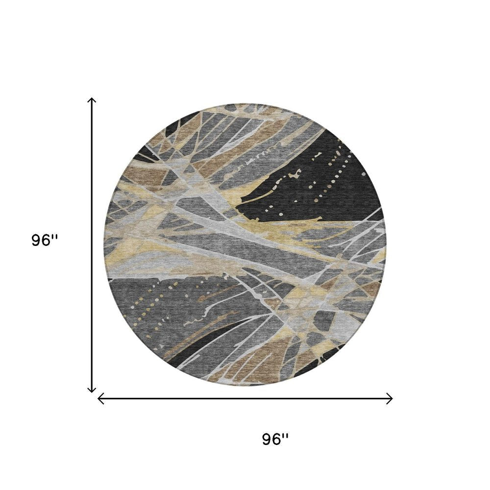 8' Black And Graphite Round Abstract Washable Indoor Outdoor Area Rug — view 4