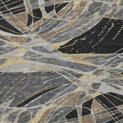 9' X 12' Black And Graphite Abstract Washable Indoor Outdoor Area Rug