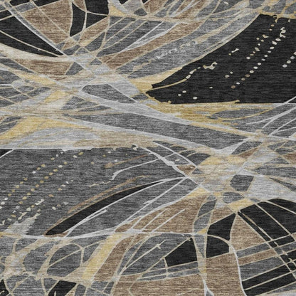 9' X 12' Black And Graphite Abstract Washable Indoor Outdoor Area Rug