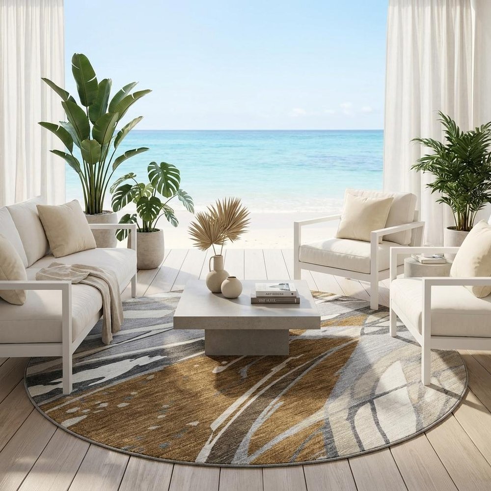 8' Chocolate And Brown Round Abstract Washable Indoor Outdoor Area Rug — view 5