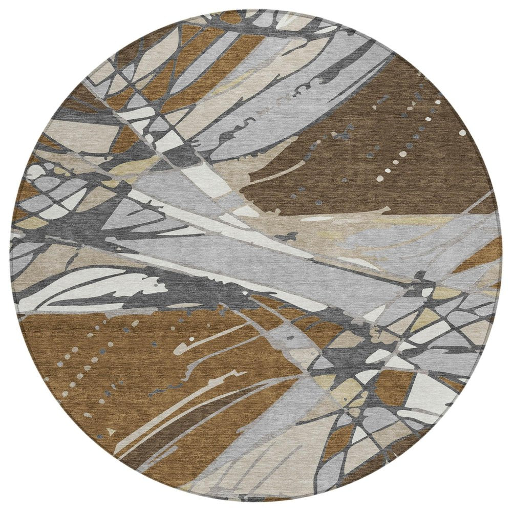 8' Chocolate And Brown Round Abstract Washable Indoor Outdoor Area Rug