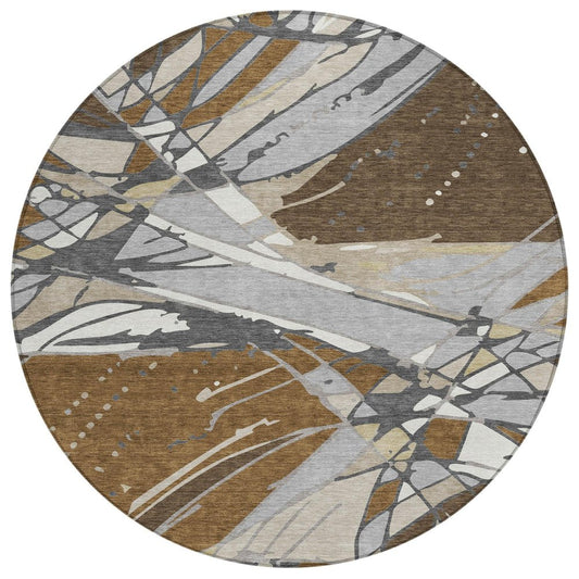 8' Chocolate And Brown Round Abstract Washable Indoor Outdoor Area Rug