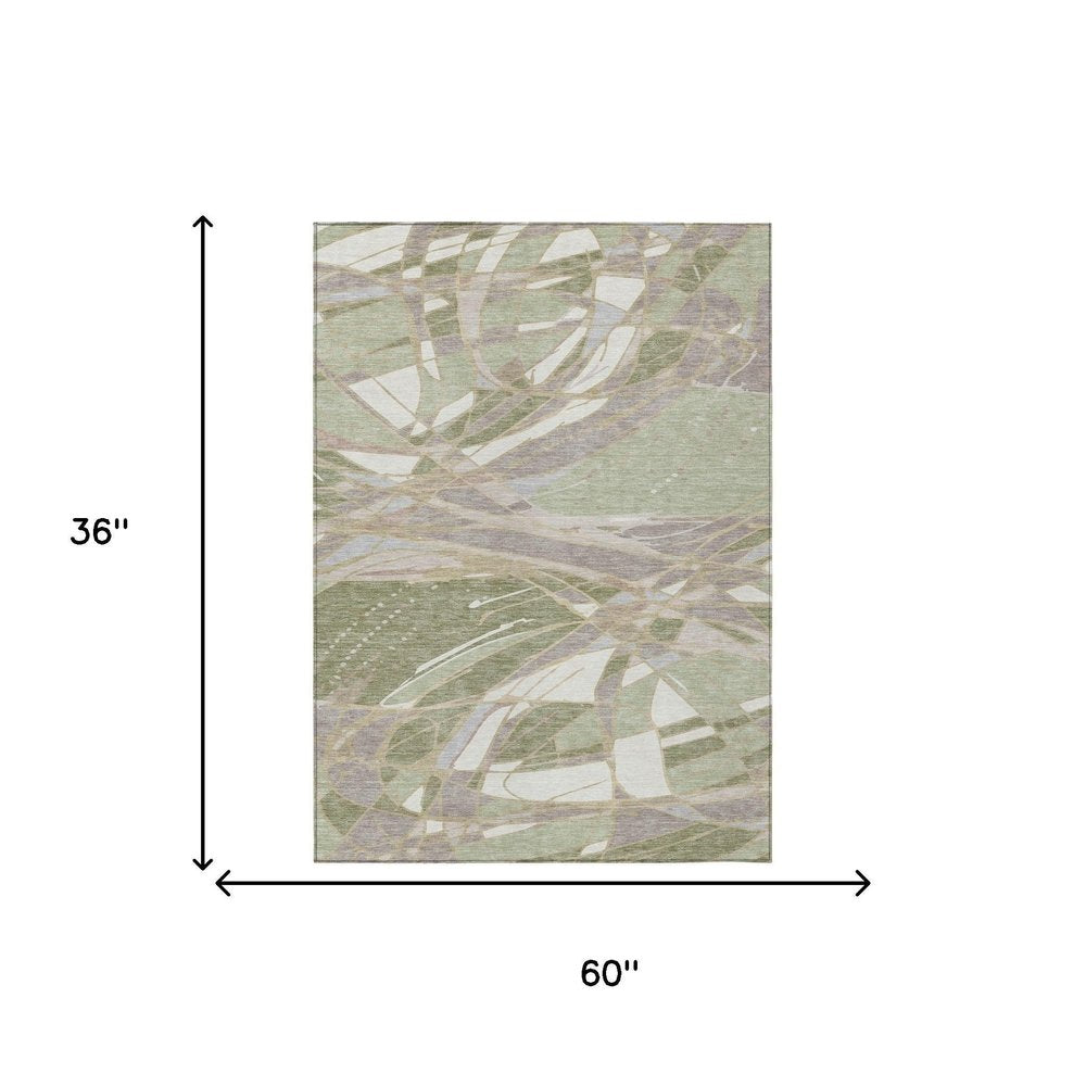 3' X 5' Green And Ivory Abstract Washable Indoor Outdoor Area Rug — view 4
