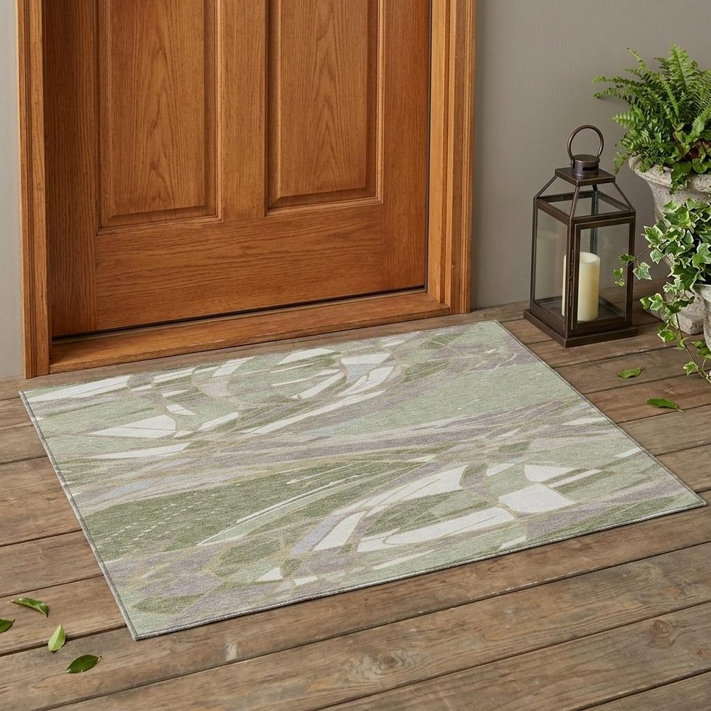 3' X 5' Green And Ivory Abstract Washable Indoor Outdoor Area Rug — view 5