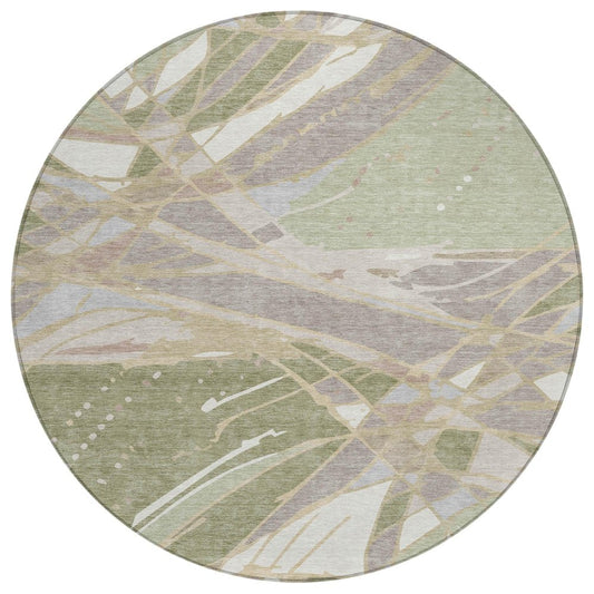 8' Green And Ivory Round Abstract Washable Indoor Outdoor Area Rug
