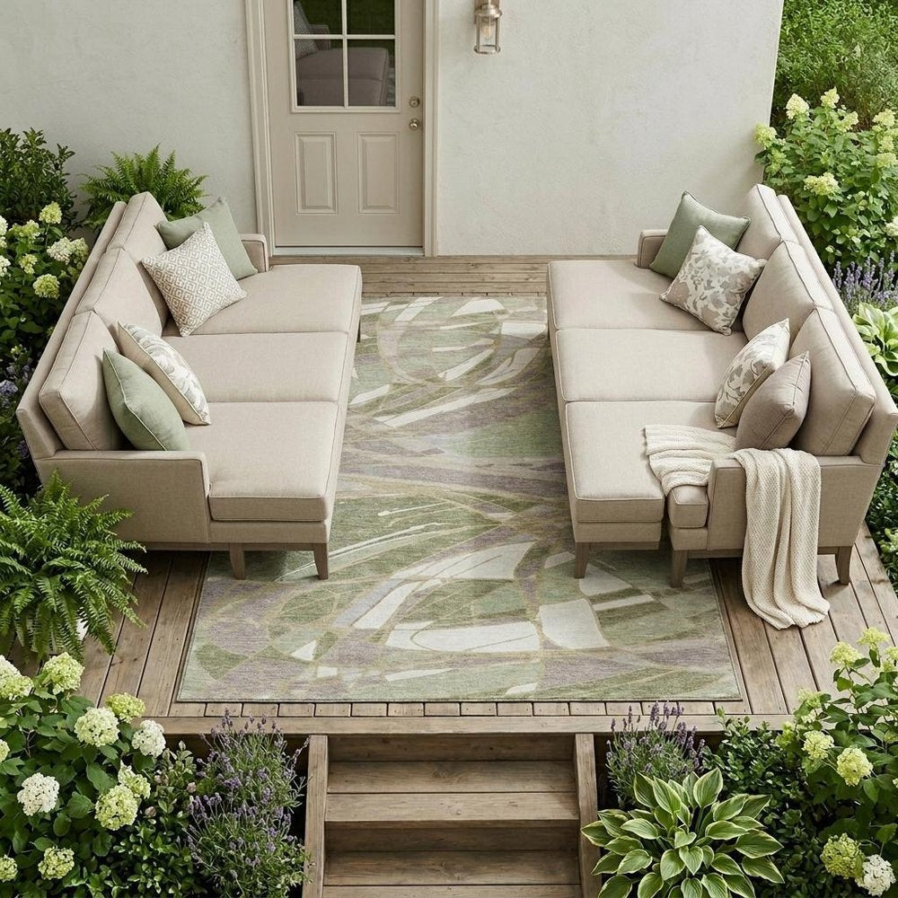8' X 10' Green And Ivory Abstract Washable Indoor Outdoor Area Rug — view 5