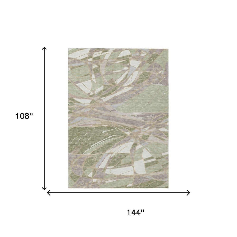 9' X 12' Green And Ivory Abstract Washable Indoor Outdoor Area Rug — view 4