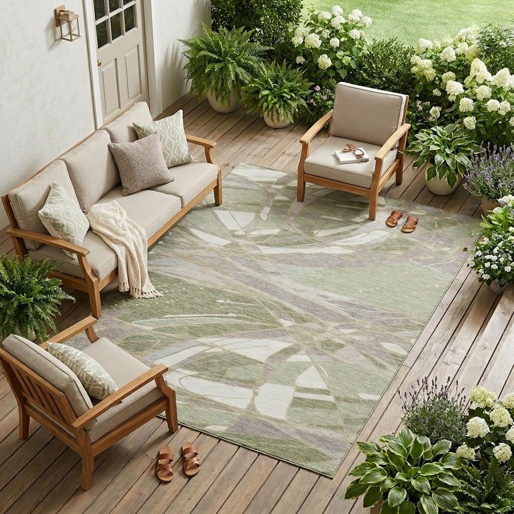 9' X 12' Green And Ivory Abstract Washable Indoor Outdoor Area Rug — view 5