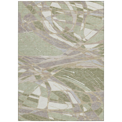 9' X 12' Green And Ivory Abstract Washable Indoor Outdoor Area Rug