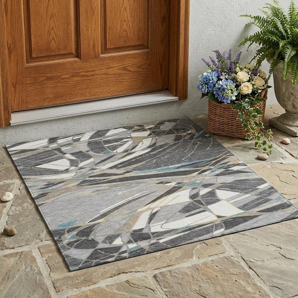 3' X 5' Gray And Graphite Abstract Washable Indoor Outdoor Area Rug — view 5