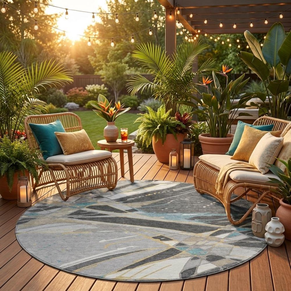 8' Gray And Graphite Round Abstract Washable Indoor Outdoor Area Rug — view 5