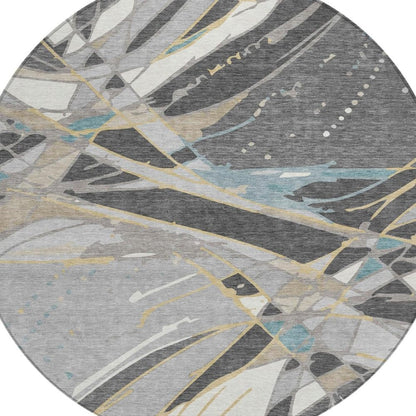 8' Gray And Graphite Round Abstract Washable Indoor Outdoor Area Rug