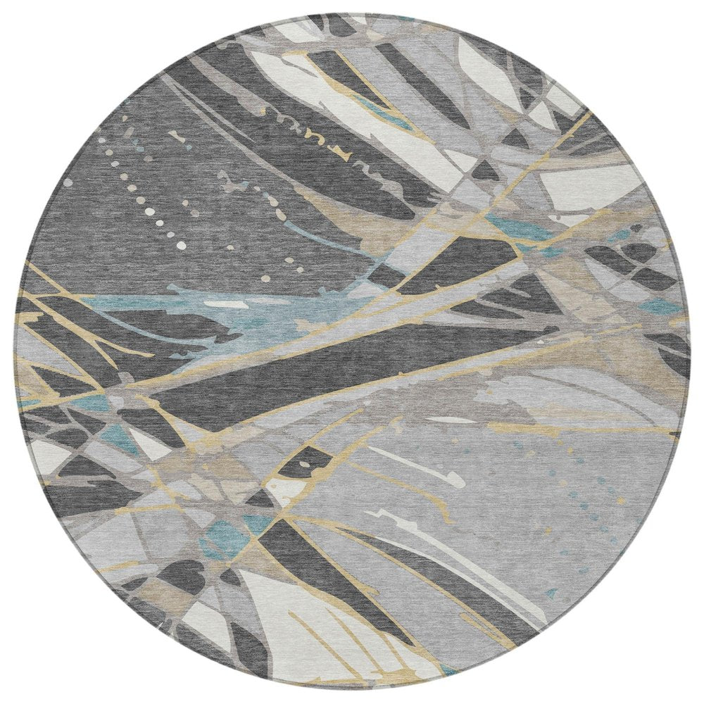 8' Gray And Graphite Round Abstract Washable Indoor Outdoor Area Rug