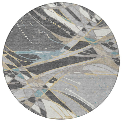 8' Gray And Graphite Round Abstract Washable Indoor Outdoor Area Rug