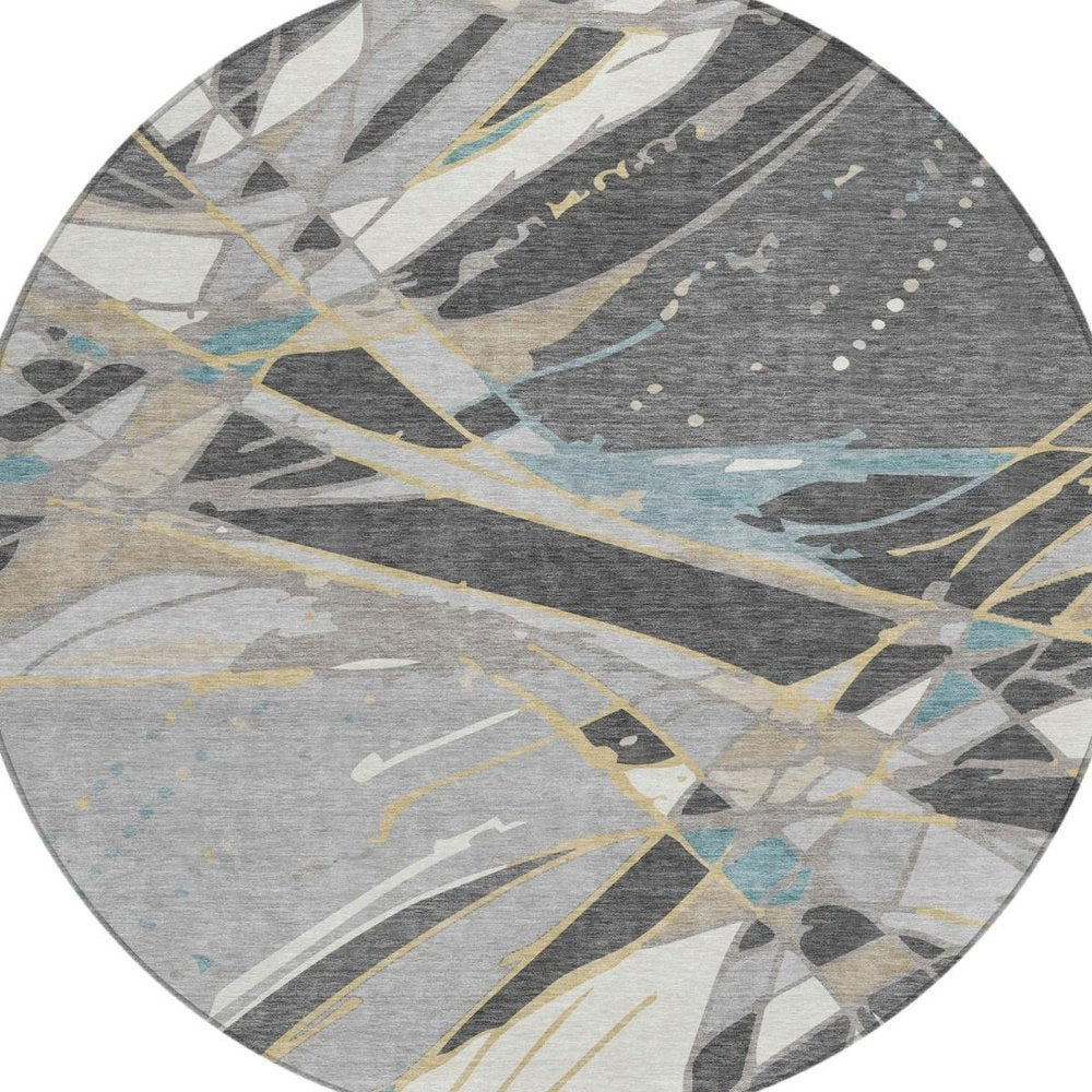 8' Gray And Graphite Round Abstract Washable Indoor Outdoor Area Rug — view 9