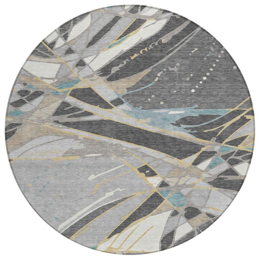 8' Gray And Graphite Round Abstract Washable Indoor Outdoor Area Rug