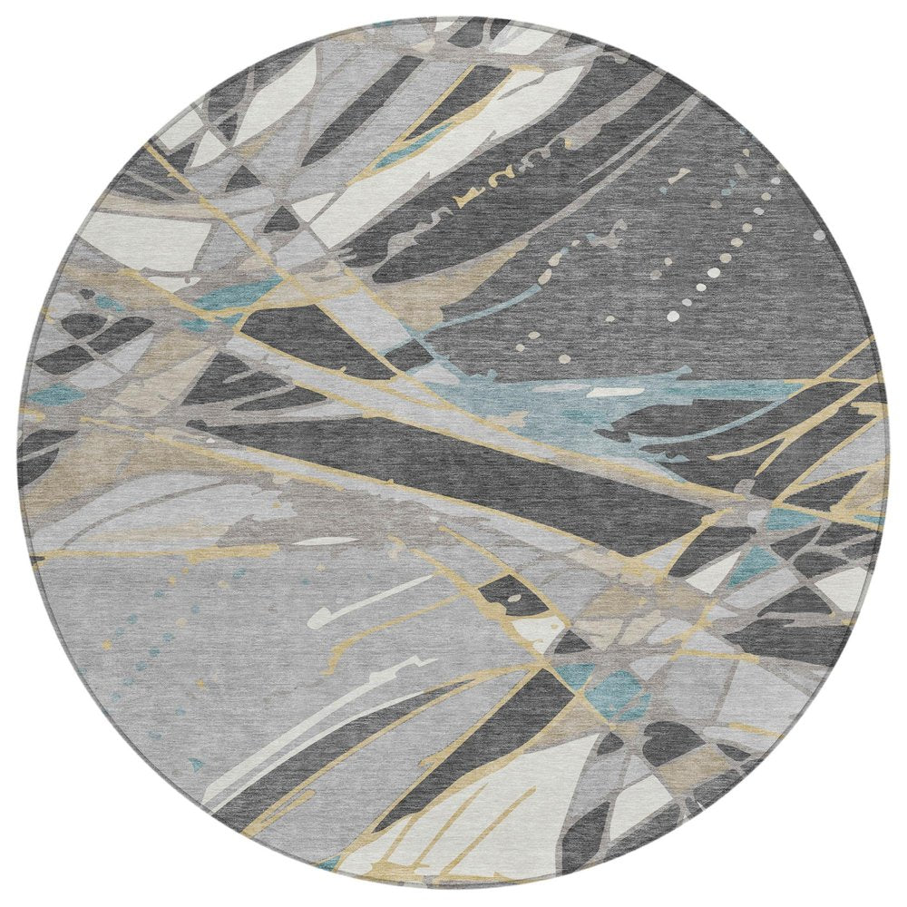 8' Gray And Graphite Round Abstract Washable Indoor Outdoor Area Rug — view 1