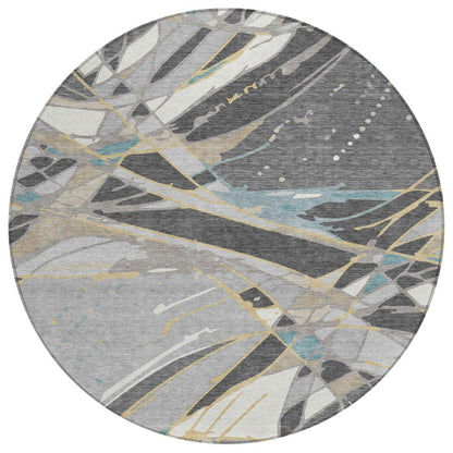 8' Gray And Graphite Round Abstract Washable Indoor Outdoor Area Rug HomeRoots