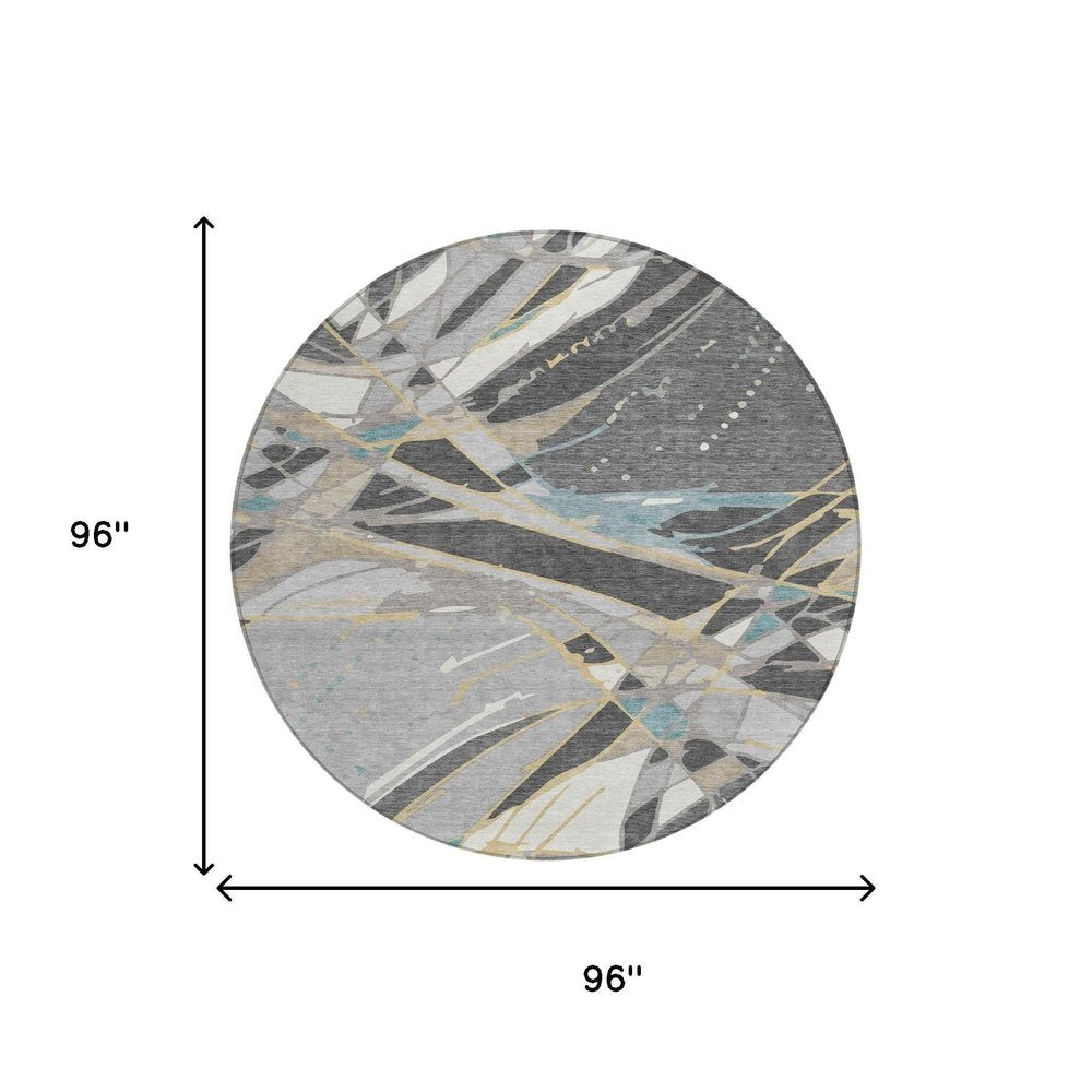 8' Gray And Graphite Round Abstract Washable Indoor Outdoor Area Rug