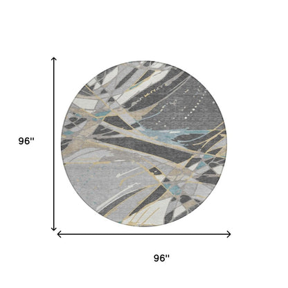 8' Gray And Graphite Round Abstract Washable Indoor Outdoor Area Rug HomeRoots