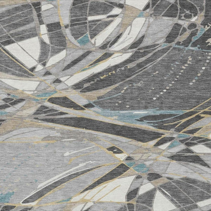 9' X 12' Gray And Graphite Abstract Washable Indoor Outdoor Area Rug