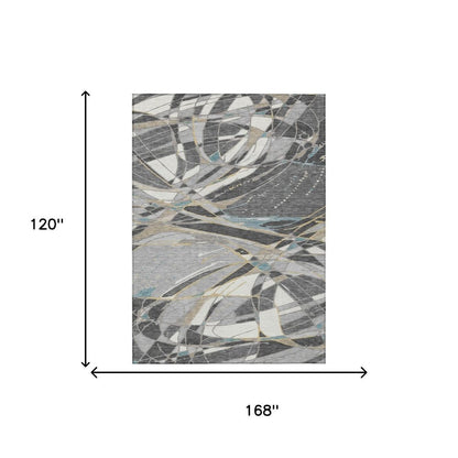10' X 14' Gray And Graphite Abstract Washable Indoor Outdoor Area Rug