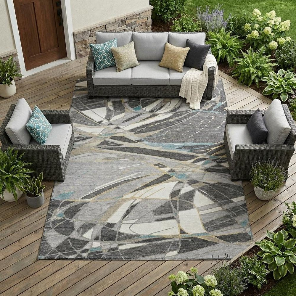 10' X 14' Gray And Graphite Abstract Washable Indoor Outdoor Area Rug — view 5