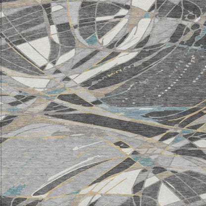10' X 14' Gray And Graphite Abstract Washable Indoor Outdoor Area Rug