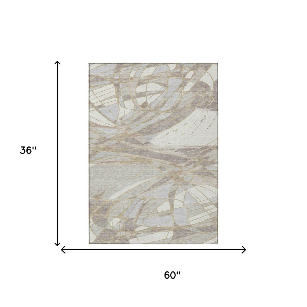3' X 5' Ivory And Silver Abstract Washable Indoor Outdoor Area Rug