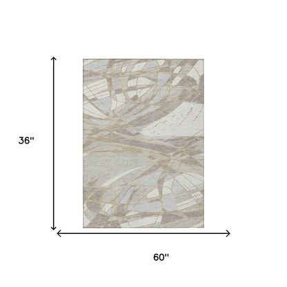 3' X 5' Ivory And Silver Abstract Washable Indoor Outdoor Area Rug