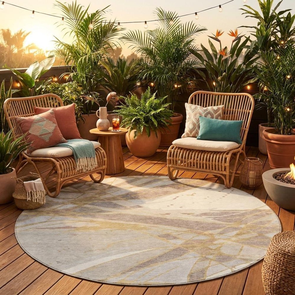8' Ivory And Silver Round Abstract Washable Indoor Outdoor Area Rug HomeRoots