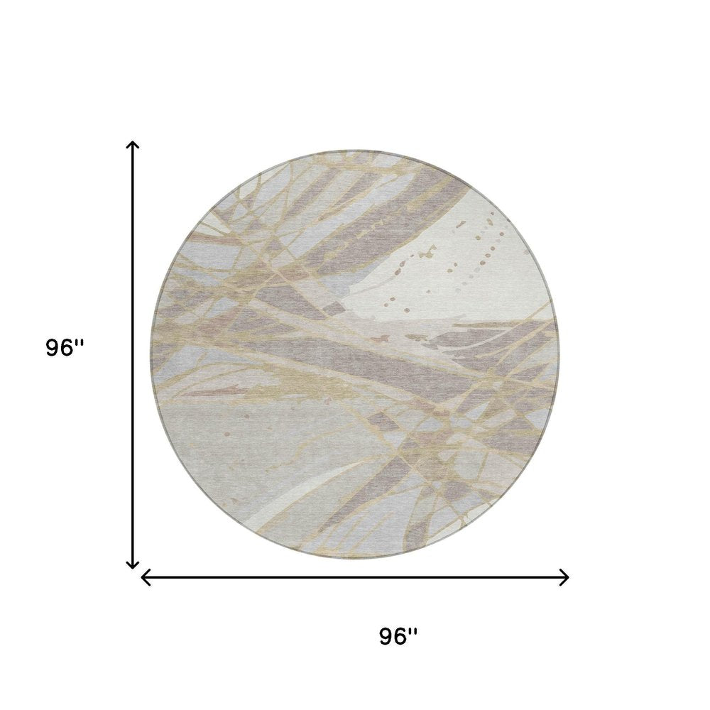 8' Ivory And Silver Round Abstract Washable Indoor Outdoor Area Rug HomeRoots