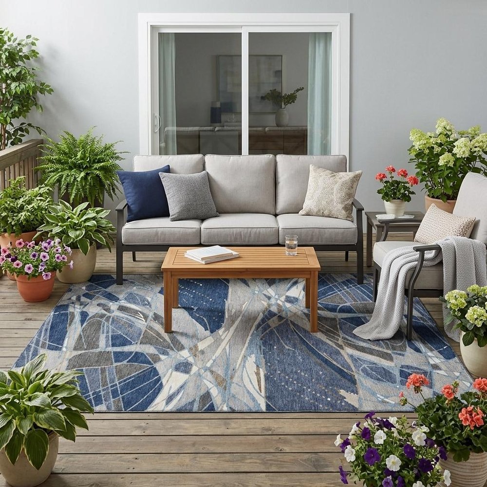 5' X 8' Navy Blue And Blue Abstract Washable Indoor Outdoor Area Rug HomeRoots
