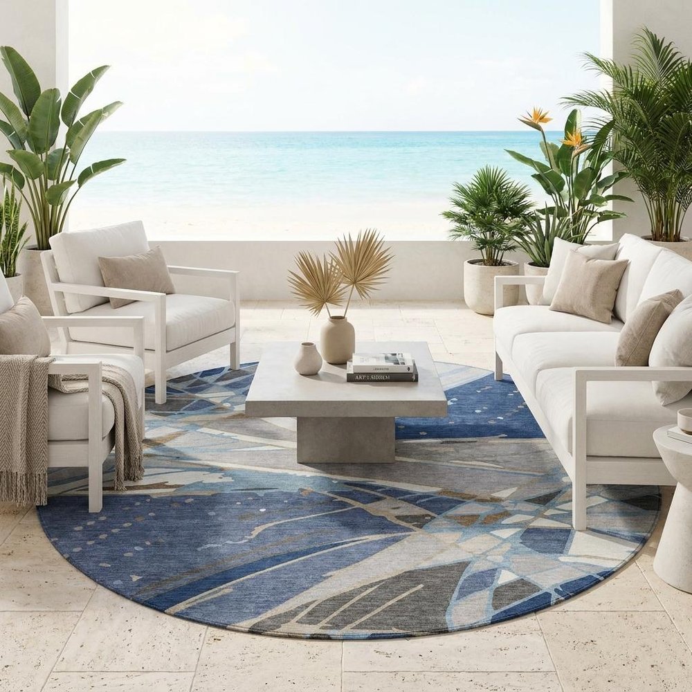 8' Navy Blue And Blue Round Abstract Washable Indoor Outdoor Area Rug HomeRoots