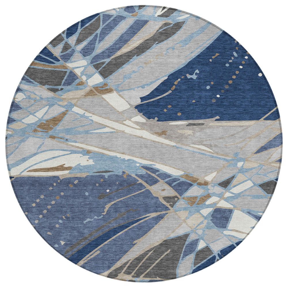 8' Navy Blue And Blue Round Abstract Washable Indoor Outdoor Area Rug HomeRoots