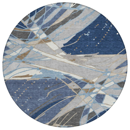 8' Navy Blue And Blue Round Abstract Washable Indoor Outdoor Area Rug HomeRoots