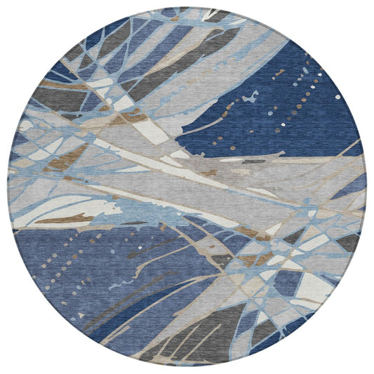 8' Navy Blue And Blue Round Abstract Washable Indoor Outdoor Area Rug