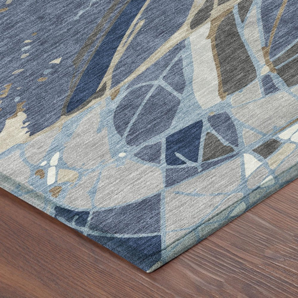 8' Navy Blue And Blue Round Abstract Washable Indoor Outdoor Area Rug — view 2