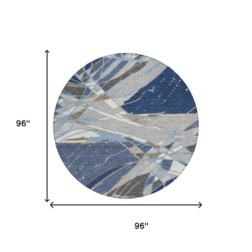 8' Navy Blue And Blue Round Abstract Washable Indoor Outdoor Area Rug — view 4