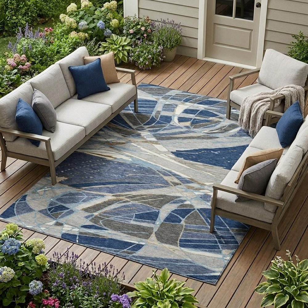 8' X 10' Navy Blue And Blue Abstract Washable Indoor Outdoor Area Rug HomeRoots