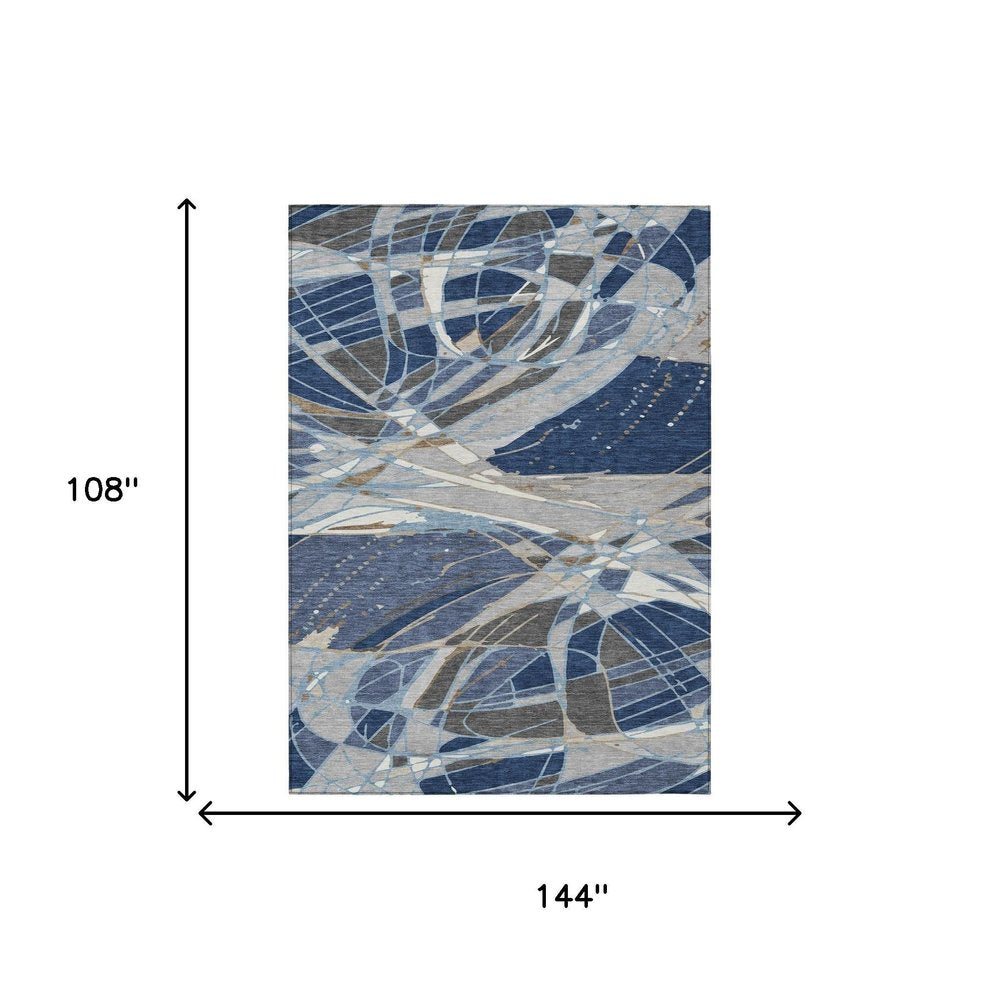 9' X 12' Navy Blue And Blue Abstract Washable Indoor Outdoor Area Rug