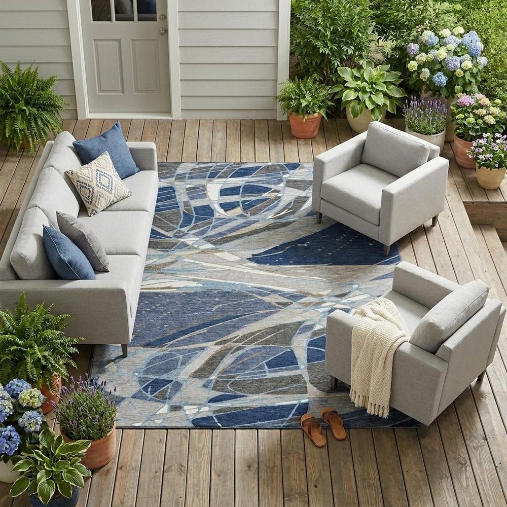 9' X 12' Navy Blue And Blue Abstract Washable Indoor Outdoor Area Rug