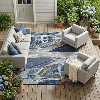 9' X 12' Navy Blue And Blue Abstract Washable Indoor Outdoor Area Rug
