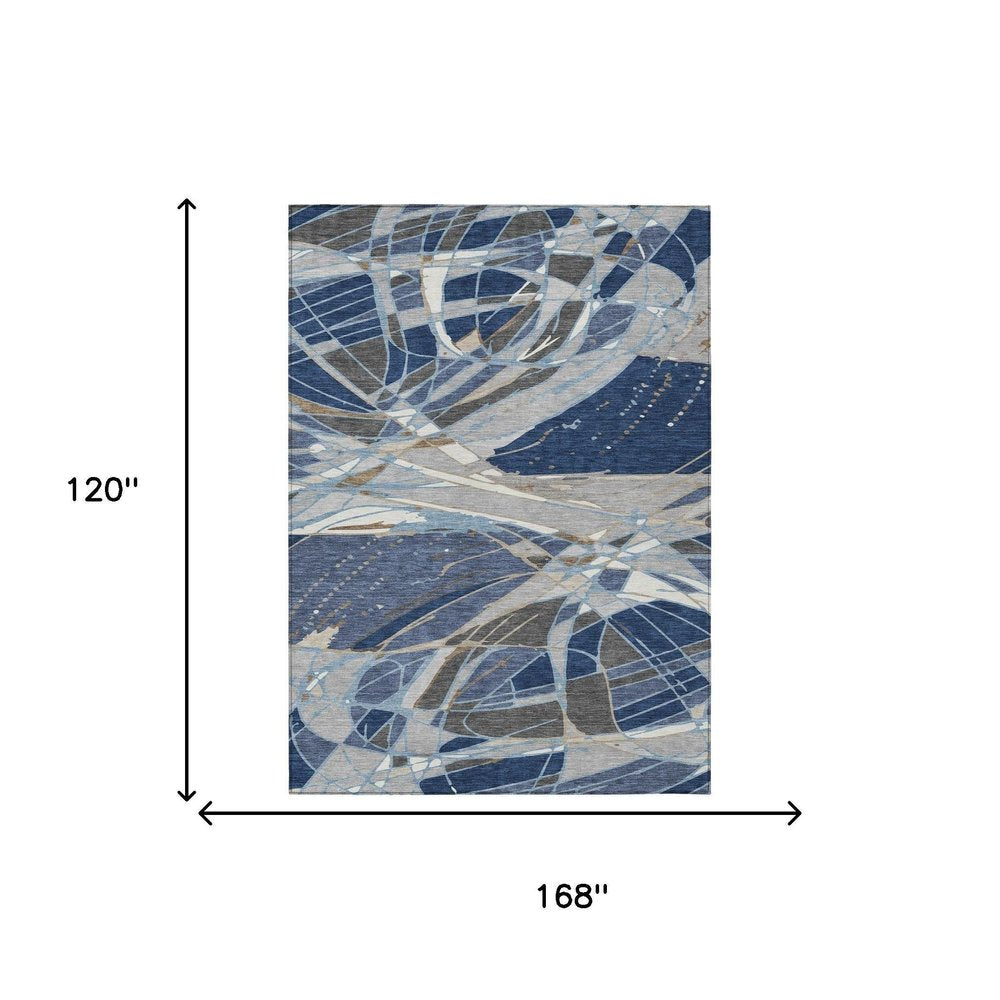 10' X 14' Navy Blue And Blue Abstract Washable Indoor Outdoor Area Rug HomeRoots