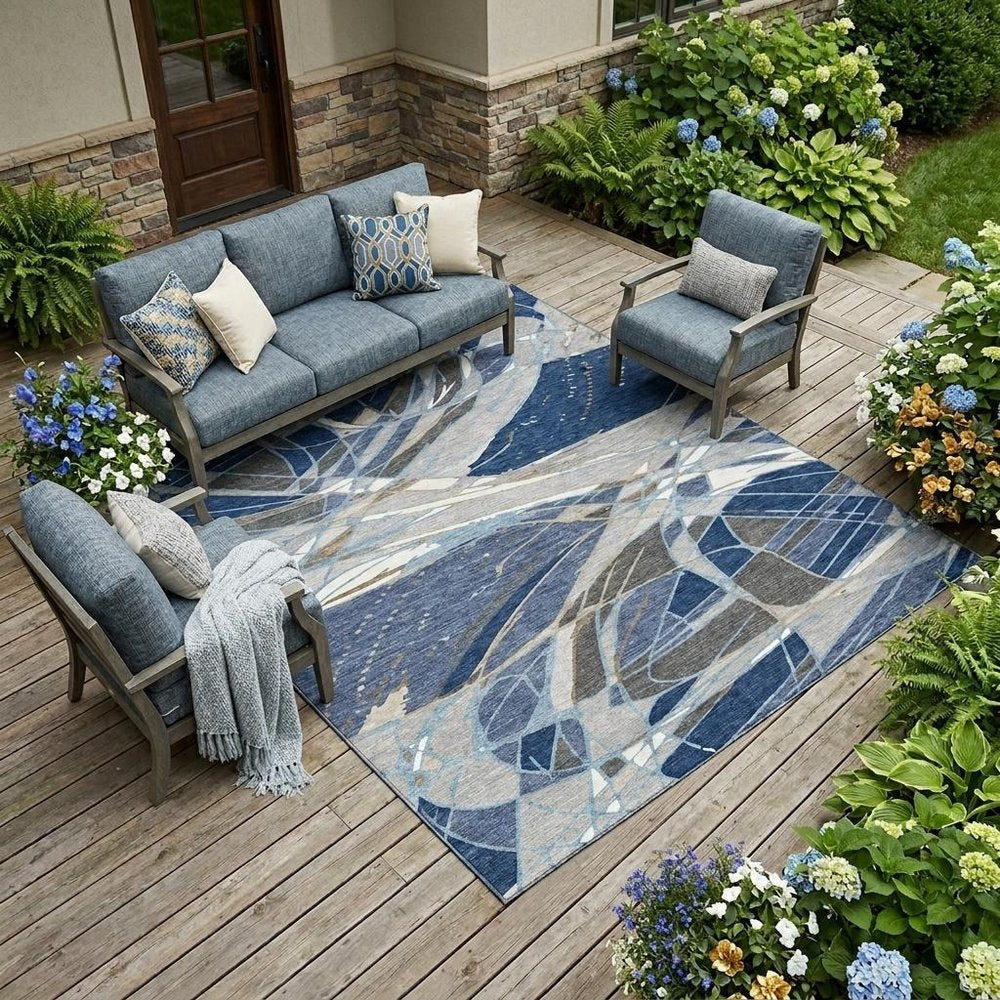10' X 14' Navy Blue And Blue Abstract Washable Indoor Outdoor Area Rug — view 5